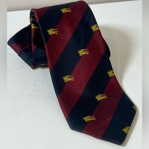 Burberry All Over Print Navy and Burgundy Striped Tie with Gold Accents Silk